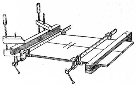 Fig. 27.Cramping Glued Joints:  Handscrews and
Batten shown at left; temporary Batten at right to
keep the wood flat.