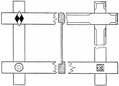 Fig. 61 (A).Oxford Frame with Halved Joints.
(Four alternative corner treatments are given.)