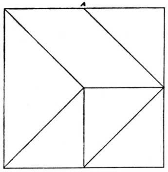 Fig. 397.Six-piece Square Puzzle. (For
    Guidance in Setting Out, the Centre of
    Top Line is marked at A.)