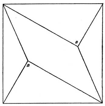 Fig. 398.Five-piece Square Puzzle. (In
    Setting Out, note that the Angles B B
    are Right Angles.)