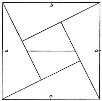 Fig. 400.Six-piece Square Puzzle. (The
    Centres of the Four Outlines are lettered
    at D, D, D, D.)