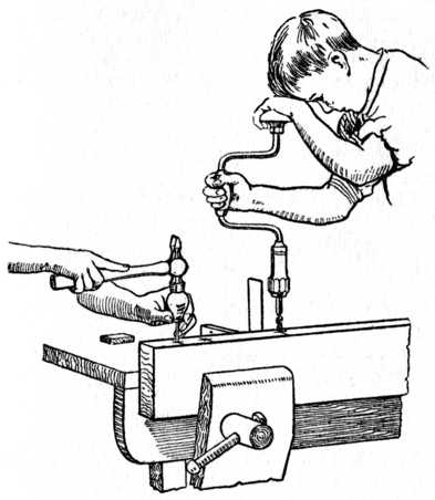 Fig. 194.Pricking the Centres ready for Boring.
Also showing how Brace is used in conjunction
with Try Square.