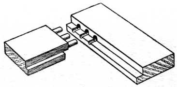 Fig. 203.Method of Frame Dowelling.
    (Long and Short Shoulders.)